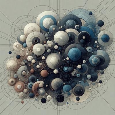 The primary subject of the image is a large, intricate, and colorful design featuring various shapes, circles, and other geometric elements. The setting is a gray background, which provides a clean and neutral backdrop for the artwork. The visual style is a combination of digital art and illustration, showcasing the artist's creativity and attention to detail. The colors and mood of the image are vibrant and lively, with a strong emphasis on the interplay between the shapes and the overall composition.